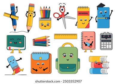 Los útiles escolares de la mascota fijan mega Elementos en Diseño gráfico plano. Paquete de objetos de personajes lindos con caras divertidas en la pluma, Regla, tijeras, cuaderno, libros, lápices, otros. Ilustración vectorial.