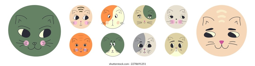 Mascot set, black eyes cats. Colorful shapes, various emotions, kitten illustration. Isolated vector illustration

