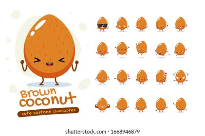 Mascot Set of the Brown Coconut. Twenty Mascot poses. Isolated Vector Illustration