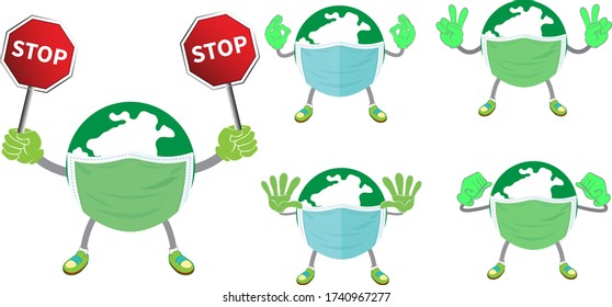 Mascot set of earth. five mascot poses. isolated illustration of Vector Premium
