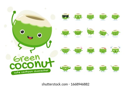 Mascot Set of the Green Coconut. Twenty Mascot poses. Isolated Vector Illustration