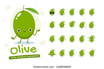 Mascot Set of the Green Olive. Twenty Mascot poses. Isolated Vector Illustration