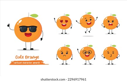Mascot Set of the Orange fruit. Seven poses vector illustration character. Happy cute cartoon tangerine emoji.