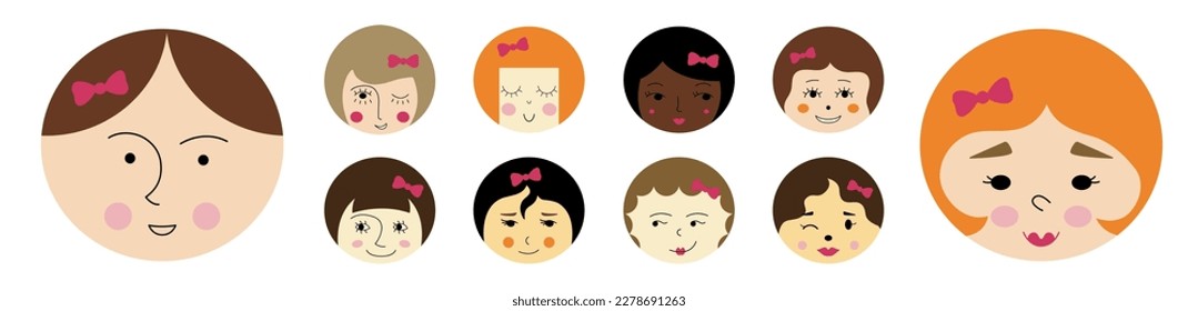 Mascot set, pretty girlish faces. Colorful shapes, various emotions, women image. Isolated vector illustration
