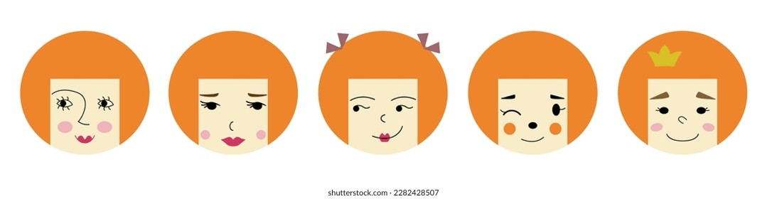 Mascot set, pretty girlish faces. Funny avatars, different feelings, female appearance. Isolated vector illustration
