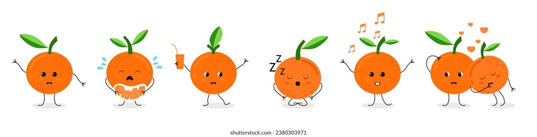 Mascot Set of the tangerines fruit. Tangerines that: laugh, cry, dance, talk about feelings, sleep. Six poses vector illustration character.