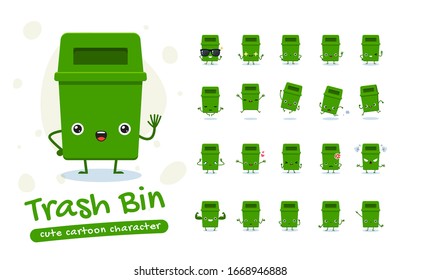 Mascot Set of the Trash Bin. Twenty Mascot poses. Isolated Vector Illustration