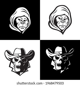 Mascot skull mascot cowboy hat and monkey hooded, perfect for brand logos, symbols and icons.