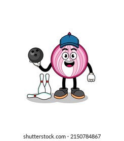 Mascot of sliced onion as a bowling player , character design