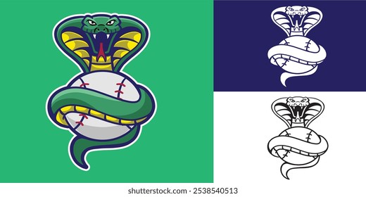 Serpiente de mascota con béisbol buena para el logotipo, logotipo del equipo, logotipo del deporte, etiqueta engomada, etc