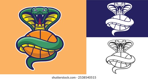 Serpiente de mascota con baloncesto bueno para el logotipo, logotipo del equipo, logotipo del deporte, etiqueta engomada, etc