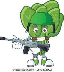 A mascot of spinach as an Army with machine gun