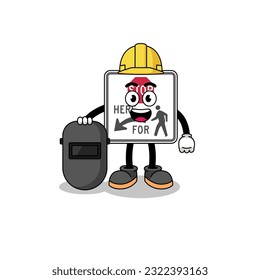 Mascot of stop here for pedestrians as a welder , character design