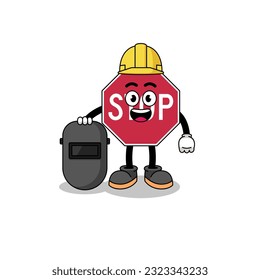 Mascot of stop road sign as a welder , character design