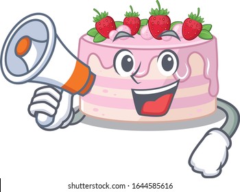 A mascot of strawberry cake speaking on a megaphone