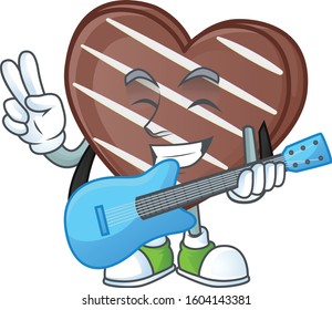 A mascot of stripes chocolate bar performance with guitar