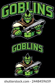 Mascot style illustration of a fierce goblin wielding a club.