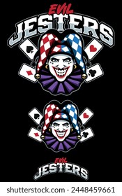 Mascot style illustration of a menacing jester with playing cards.