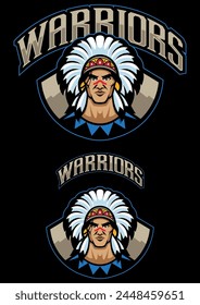 Mascot style illustration of a Native American chief in traditional headdress.