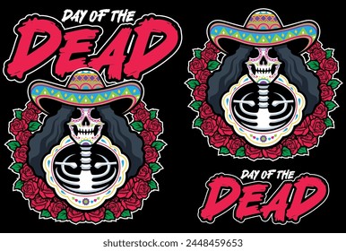 Mascot style illustration of a skeleton with a sombrero surrounded by roses for Day of the Dead festivities.