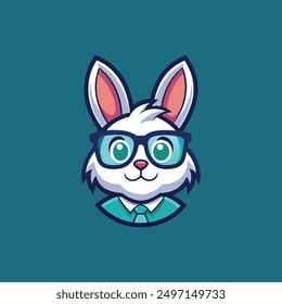 Un logotipo de estilo mascota con un conejito lindo con enormes gafas. Obviamente es un friki.