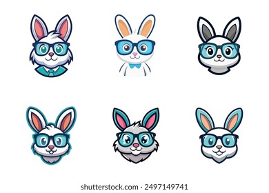 Un logotipo de estilo mascota con un conejito lindo con enormes gafas. Obviamente es un friki.