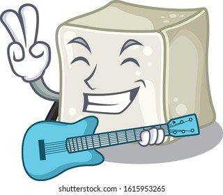 A mascot of sugar cube performance with guitar