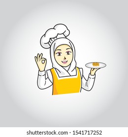 mascot the sweet female chef who is carrying a plate of cookies