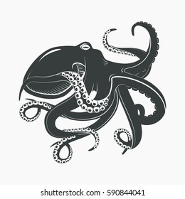 Mascot or tattoo of octopus with swirling or wavy tentacles, mollusk with suction cups, swimming monster predator, black cartoon mollusc, ocean or sea octopoda.Underwater life, seafood, aquarium theme