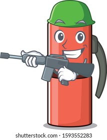 A mascot of thermos bottle Scroll Army with machine gun