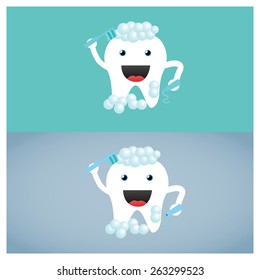 Mascot Tooth Brushing Itself on pattern background. Vector illustration