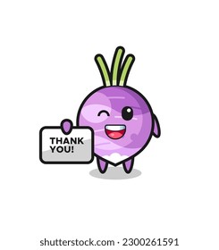 the mascot of the turnip holding a banner that says thank you , cute style design for t shirt, sticker, logo element