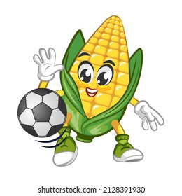 Mascot vector, cartoon and illustration of cute corn playing soccer