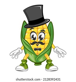 Mascot vector, cartoon and illustration of cute corn with mustache wearing long hat