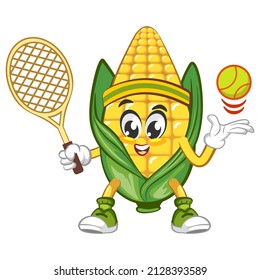Mascot vector, cartoon and illustration of cute corn playing tennis
