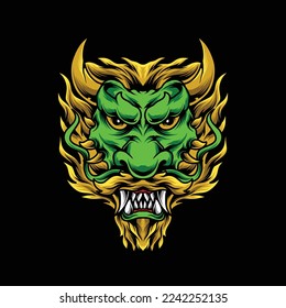 mascot vector design with golden hair green dragon on a black background, can be used for t-shirt design, mascot design, posters, etc.