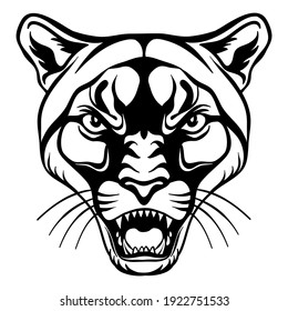 Mascot. Vector head of cougar. Black illustration of danger wild cat isolated on white background. For decoration, print, design, logo, sport clubs, tattoo, t-shirt design, stickers.