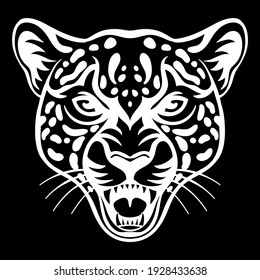 Mascot. Vector head of cougar. White illustration of danger wild cat isolated on black background. For decoration, print, design, logo, sport clubs, tattoo, t-shirt design, stickers.