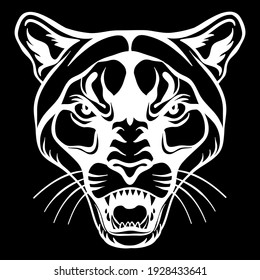 Mascot. Vector head of cougar. White illustration of danger wild cat isolated on black background. For decoration, print, design, logo, sport clubs, tattoo, t-shirt design, stickers.