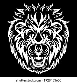 Mascot. Vector head of lion. White illustration of danger wild cat isolated on black background. For decoration, print, design, logo, sport clubs, tattoo, t-shirt design, stickers.