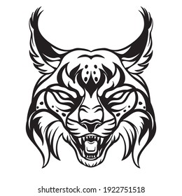 Mascot. Vector head of lynx. Black illustration of danger bobcat isolated on white background. For decoration, print, design, logo, sport clubs, tattoo, t-shirt design, stickers.