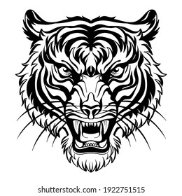 Mascot. Vector head of tiger. Black illustration of danger wild cat isolated on white background. For decoration, print, design, logo, sport clubs, tattoo, t-shirt design, stickers.