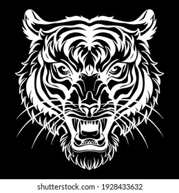 Mascot. Vector head of tiger. White illustration of danger wild cat isolated on black background. For decoration, print, design, logo, sport clubs, tattoo, t-shirt design, stickers.