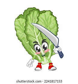mascot vector illustration of a cute mustard green character carrying a dinner knife