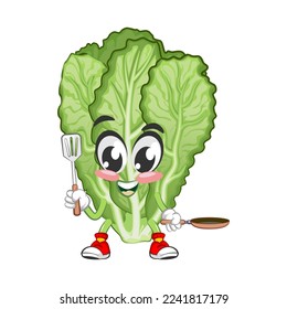 ilustración vectorial de mascota de un personaje verde mostaza lindo que lleva una sartén y una espátula