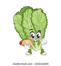 mascot vector illustration of a cute mustard green character bringing a delicious taco