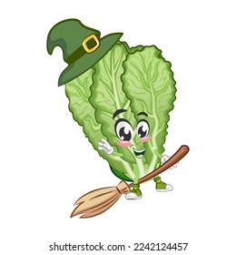 mascot vector illustration of a cute mustard green character be a witch flying on a flying magic broom