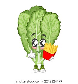 mascot vector illustration of a cute mustard green character carrying french fries