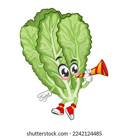 mascot vector illustration of cute mustard green character blowing a party trumpet