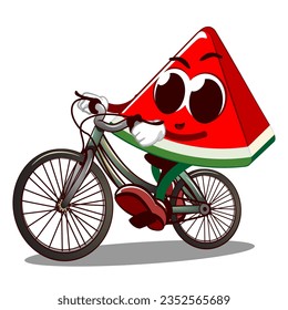 mascot vector illustration of a cute piece of watermelon riding a bicycle